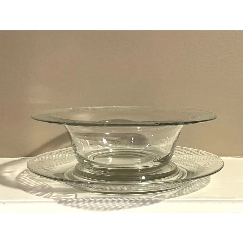 Vintage Floral Etched Clear Glass Plate & Bowl